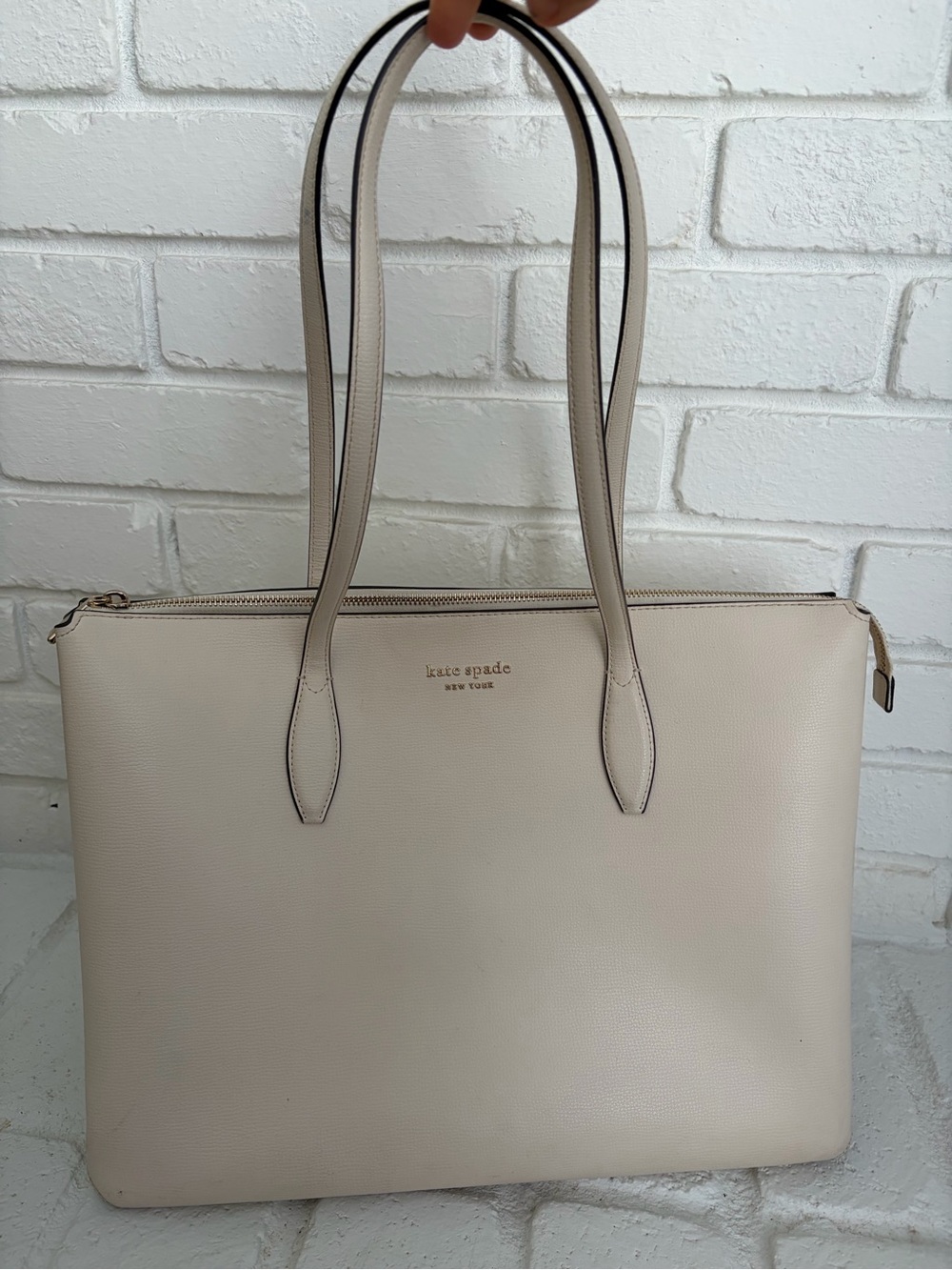 kate spade Cream Pebbled Leather Tote with Gold Logo